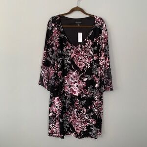 NEW Connected Apparel 24W Floral V-Neck Bell Sleeve Sheath Dress Black Pink
